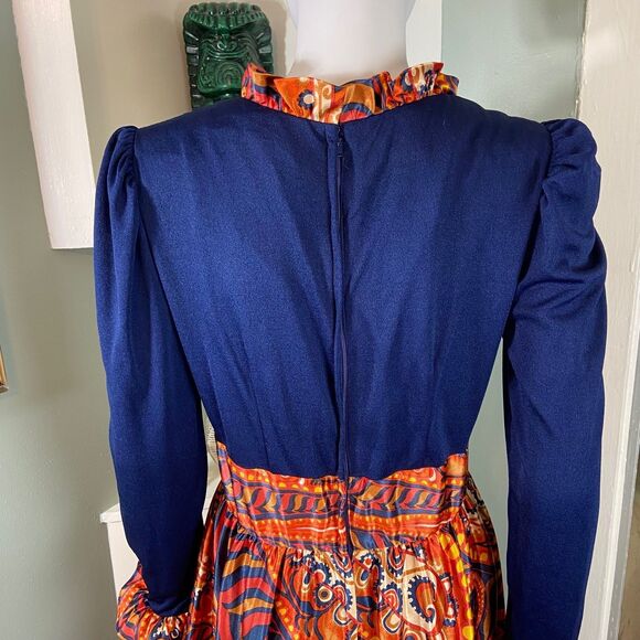 Vintage 60s 70s Paisley Psychedelic Ruffle Hostess Maxi Dress Large L Polyester - Picture 6 of 14